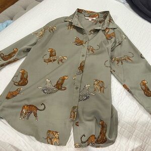 Green Mazik silky button down with tigers, cats, cheetahs